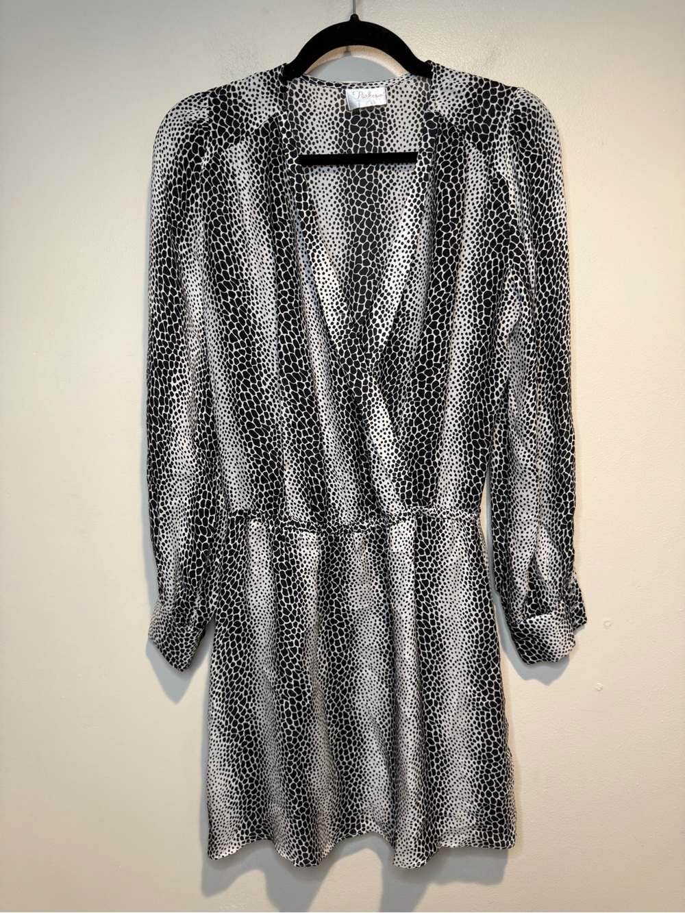 Parker 100% Silk Faux Wrap Blouson Mini Dress in Dotted Animal Print